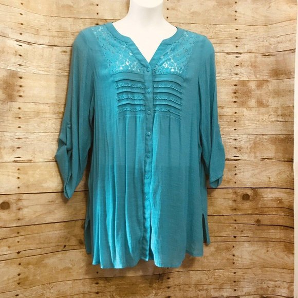 Avenue Tops - Avenue Size 22/24 Tunic Top Aqua Crinkle Gauze